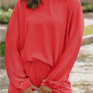 Red Ribbed Long Sleeve Top